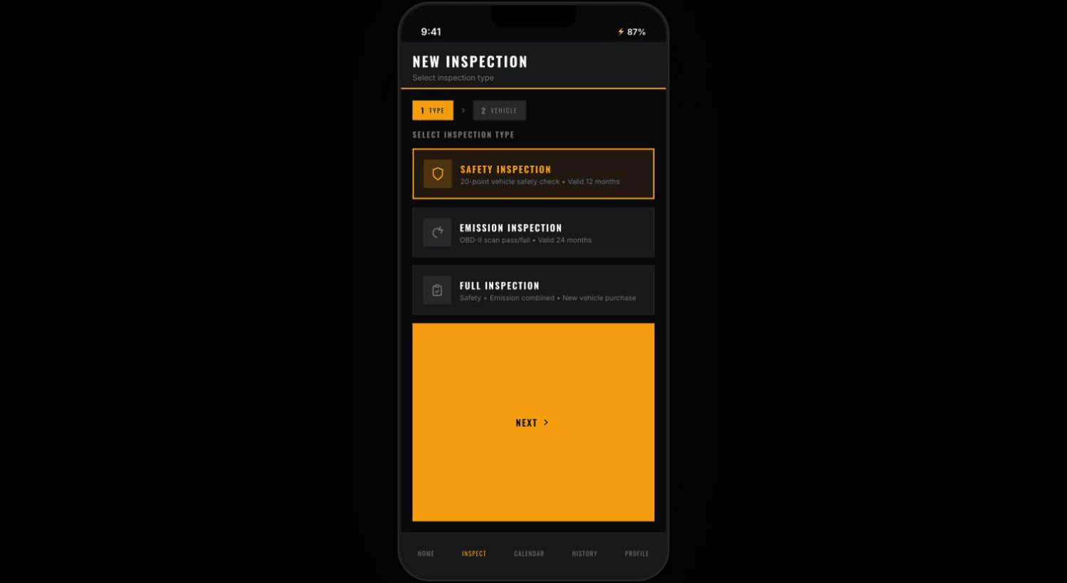 New Inspection — Select inspection type