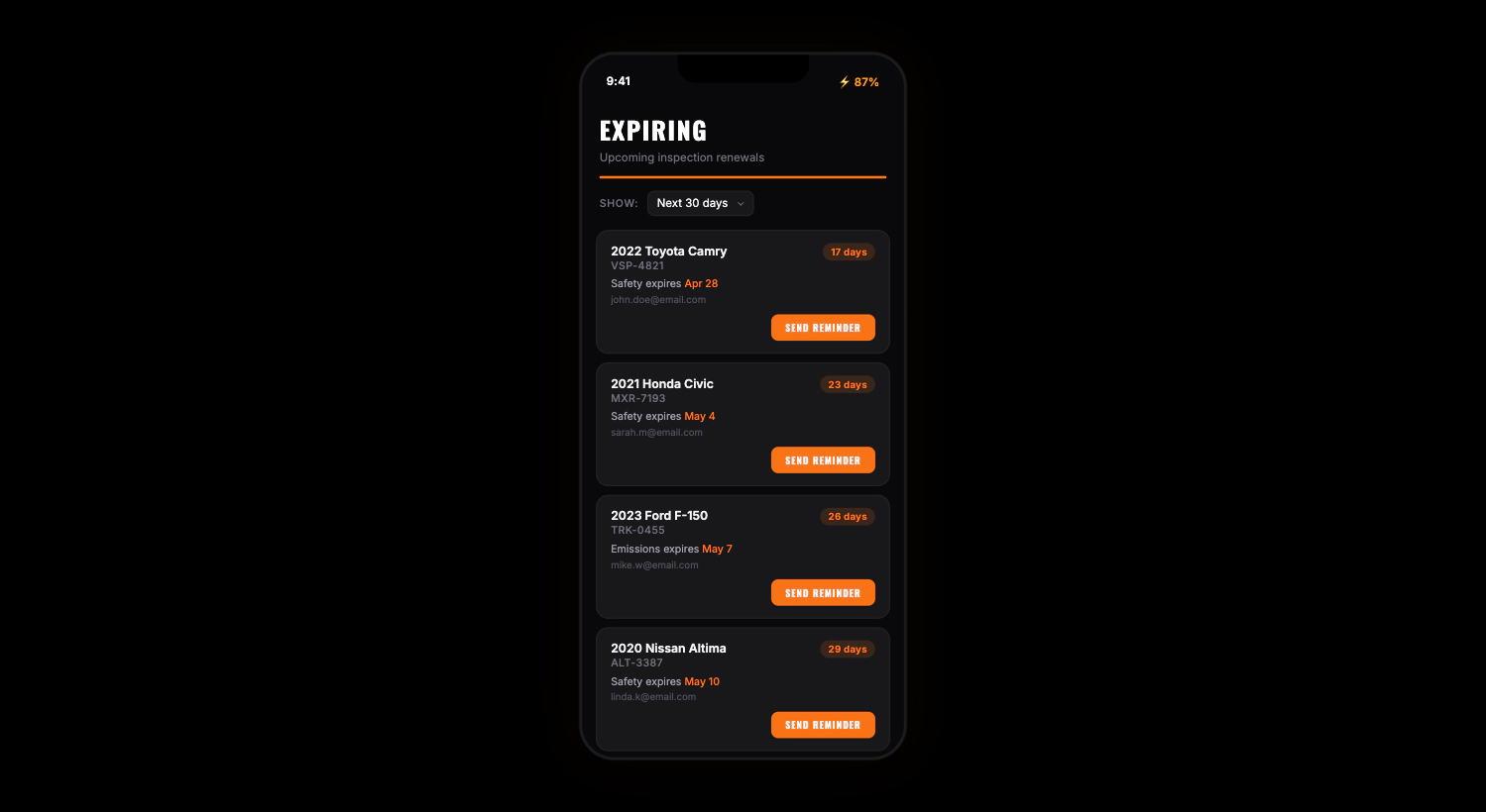 Expiring inspections — Send customer reminders