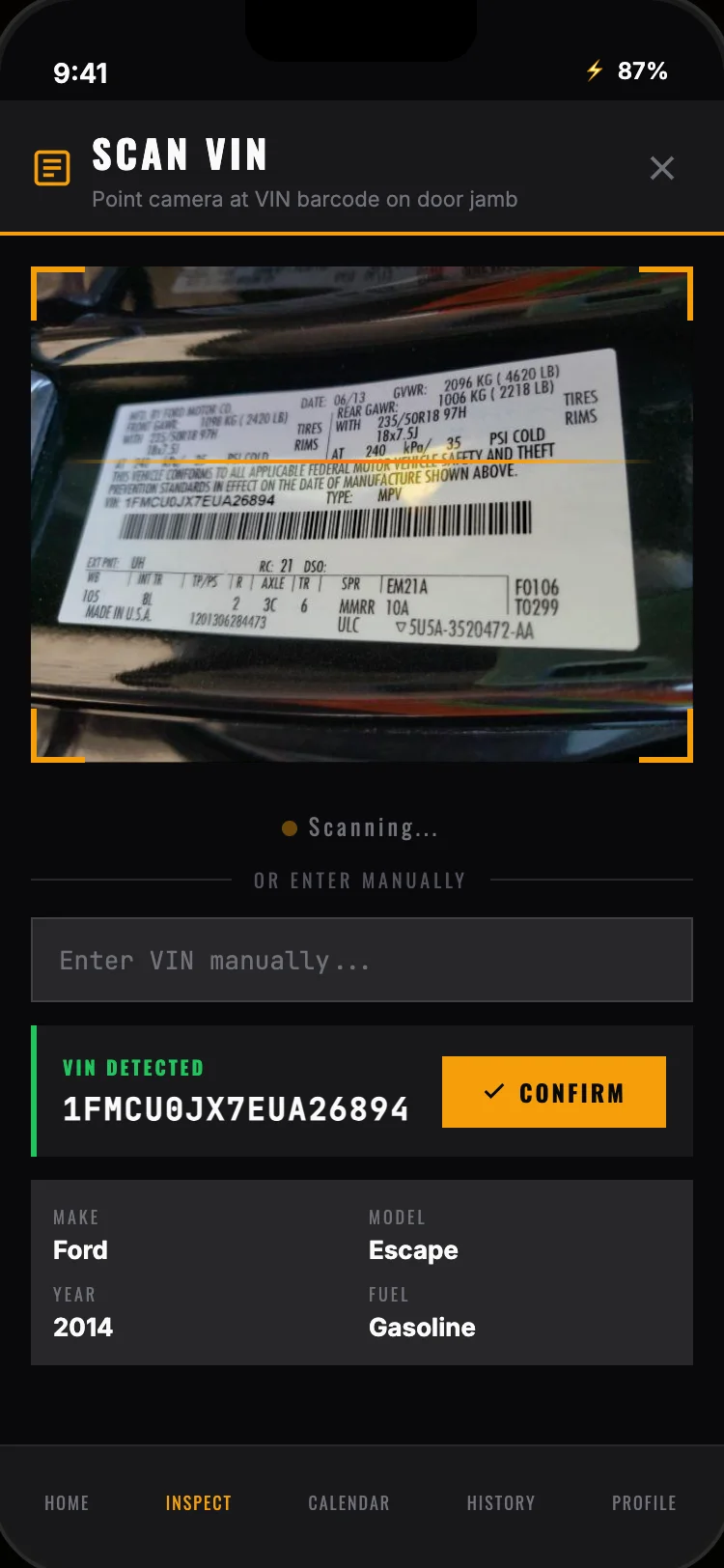 VIN barcode scanner — scan or enter manually