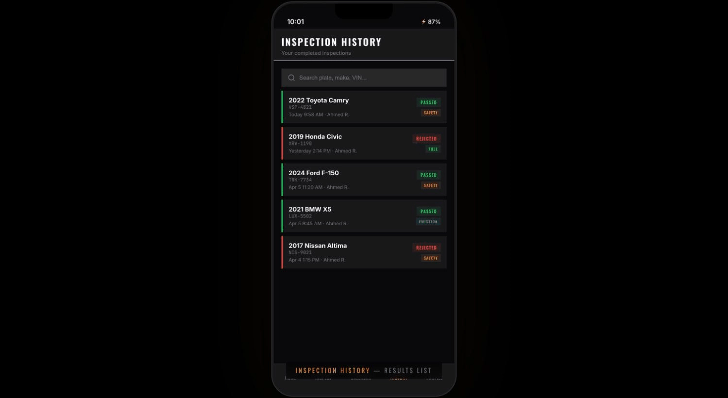 Inspection history with results